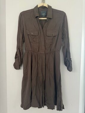 Maeve for Anthropologie Gray Brown Drab Long Roll Sleeve Shirt Dress Knee Length
